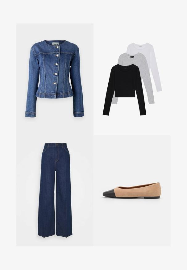 Jeans jakna tamnoplavog tona, s okruglim izrezom, dugim rukavima, pet dugmadi i blagim strvnim rubom.; Tri dugih rukava posložena: crna, siva i bijela. Svaka ima okrugli izrez i skrateni kroj s glatkom, laganom tkaninom.; Tamno plave traperice s visokim strukom i širokim nogavicama, s prednjim i stražnjim džepovima, zatvaračem na gumb i vidljivim detaljima šivanja.; Bež balerinke od suede materijala s crnim kožnim zaobljenim vrhom, niskom potpeticom i glatkom površinom, s minimalnim šavovima i čistim dizajnom.