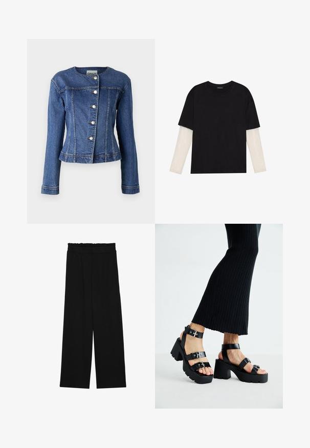 Tumesinine teksajakett, millel on ümmargune kaelus, pikad varrukad, viis nööbi kinnitust ja kerge kulumine allääres.; Mustmust särk, mis on valmistatud puuvillast, lühikeste varrukatega, valge pika varrukaga kihi peal, millel on peene tekstuuriga muster. Ümar kaelus.; Mustad laiad püksid rüüstatud vöökohtadega, millel on kaks küljetaskut ja ühetaoline, kerge kangas. Ilma nähtavate mustrite või seadmeteeta.; Mustad platvormsandlid paksude, hammastega talladega ja mitme rihmaga, millel on metallist pandlad ja sile nahkjas tekstuur.