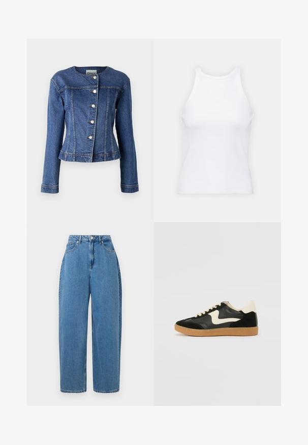 Tumši zila džinsu jaka ar apaļu kakla izgriezumu, garām piedurknēm, pieciem pogu aizdariem un nelielu nolietojumu apmalē.; Balta bezpiedurkņu topiņš no ribotā auduma, ar noapaļotu kakla izgriezumu un pieguļošu siluetu, ar minimālām šuvēm un bez rotājumiem.; Gai zili džinsi ar taisnu kāju piegriezumu, augstu jostasvietu un priekšējo pogu aizdari. Iespējotas piecas kabatas un minimālas šuvju detaļas.; Melna zamšāda un ādas sporta apavi ar krēmkrāsas sānu svītru un gaiši krēmkrāsas papēdi. Ar beigu krāsas auklām un gumijas zole.