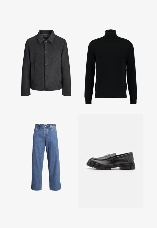 Giacca grigio scuro con motivo a spina di pesce, caratterizzata da un colletto a bavero, cinque bottoni frontali e tasche laterali. Realizzata in tessuto testurizzato.; Maglione a collo alto nero realizzato in morbido materiale knit. Presenta maniche lunghe, colletto e orlo a costine. Design semplice e lineare senza motivi.; Jeans in denim blu chiaro con una vestibilità dritta, vita alta e dettagli di cucitura minimi. Il tessuto ha una texture morbida e leggermente sbiadita.; Mocassini in pelle nera con finitura liscia, dotati di un dettaglio di cinturino anteriore e di una suola in gomma spessa con accenti scanalati.