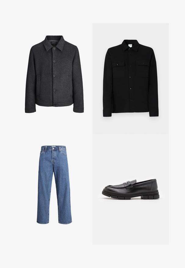 Dark grey, herringbone-patterned jacket featuring a fold-down collar, five front buttons, and side pockets. Made of textured fabric.; Black button-up shirt made of smooth fabric, featuring two chest pockets, a point collar, and buttoned cuffs. Simple design with minimal detailing.; Light blue denim jeans with a straight-leg design, high waist, and minimal stitching details. The fabric has a soft, slightly faded texture.; Black leather loafers with a smooth finish, featuring a front strap detail and a chunky rubber sole with grooved accents.