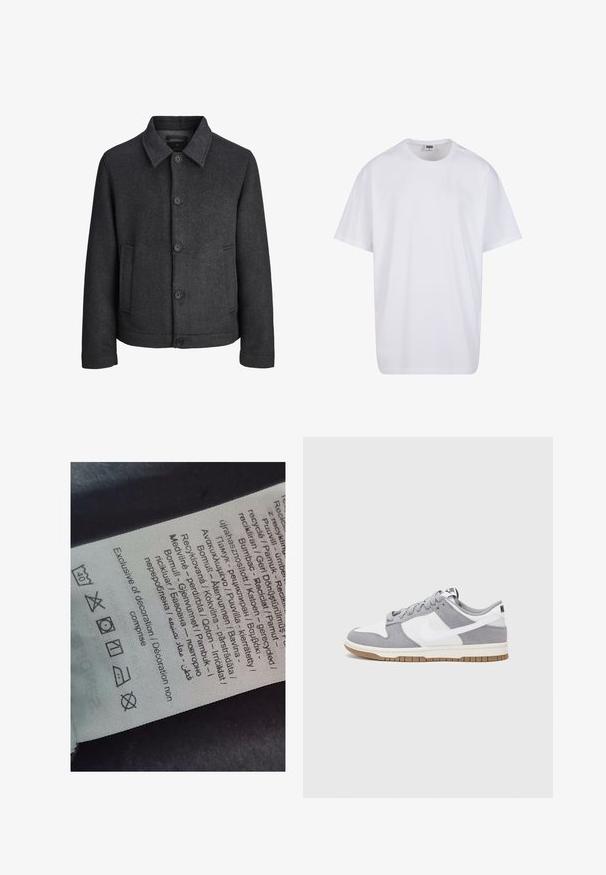 Dunkelgraue Jacke mit Fischgrätenmuster, featuring einen umklappbaren Kragen, fünf Vorderknöpfen und Seitentaschen. Hergestellt aus strukturiertem Stoff.; Weiße Baumwoll-T-Shirt mit kurzen Ärmeln, rundem Ausschnitt, lockerer Passform und ohne sichtbare Logos oder Muster. Glatte Textur und minimalistisches Design.; Etikett mit mehrsprachigem Text, Pflegehinweisen und Recycling-Symbolen, auf einem weichen, textilähnlichen Material in heller Farbe gedruckt.; Graue und weiße Sneaker mit einem Obermaterial aus Wildleder und Leder, abgerundeter Spitze, flachen Schnürsenkeln und einer Gummisohle mit einem Kautschukakzent.