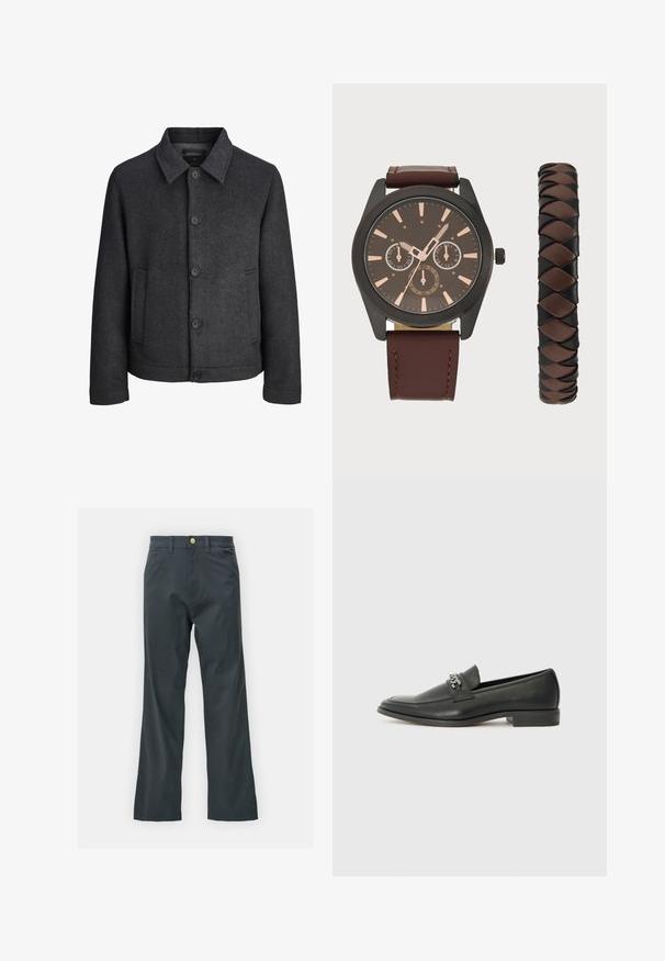 Veste en tissu texturé, de couleur gris foncé, avec un motif en chevron. Elle présente un col à rabat, cinq boutons sur le devant et des poches latérales.; Deux polos noirs, à manches courtes, en coton, avec un col classique, une patte de boutonnage à deux boutons, et des accents rayés blancs à l'intérieur du col.; Pantalons noirs avec une coupe droite, en tissu mélangé coton. Présentent une fermeture à bouton en métal et des poches latérales. Pas de motifs visibles.; Mocassin en cuir noir avec une finition lisse, présentant un design cousu et une accent décoratif en chaîne métallique sur le rand. Talon plat.; Pier One SET - Montre - black/brown; Pier One SET - Montre - black/brown