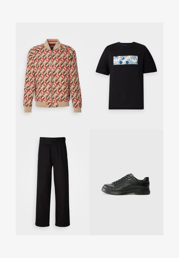 Scotch & Soda REVERSIBLE - Bomber bunda - bordeaux; Černé bavlněné tričko s obdélníkovou grafikou v modré a krémové barvě, zdobené kruhovými vzory a kresbičkami, navržené pro uvolněný střih.; Černé kalhoty vyrobené z hladké látky s rovnými nohavicemi, předními sklady a jedním knoflíkem na zapínání v pase.; Černé kožené tenisky s texturovaným svrškem, polstrovaným límcem a červeným logem. Disponují tlustou gumovou podrážkou s výrazným vzorem.