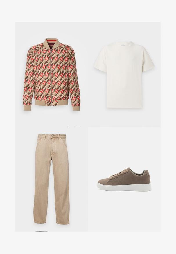 Scotch & Soda REVERSIBLE - Giubbotto Bomber - bordeaux; T-shirt bianca a maniche corte in texture a coste. Girocollo, vestibilità rilassata, senza modelli o accenti visibili. Design semplice e versatile.; Jeans in denim beige con un design a gamba dritta, dotati di tasche frontali, chiusura con bottone metallico e una texture delicata.; Sneaker in suede marrone con suole in gomma bianche e piatte, design con lacci, punta arrotondata e una texture liscia. Stile minimalista con dettagli di cucitura sottili.