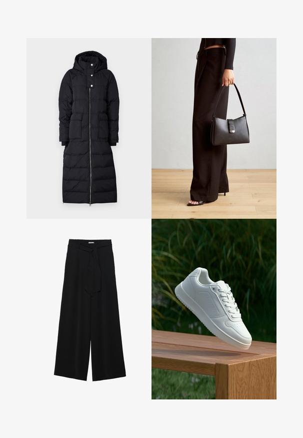 Melna pūkains mētelis ar kapuci, ar pilnu rāvējslēdzēju, pogām un divām priekšējām kabatām. Tekstūrēti paneļi visā virsmā.; Melns tops ar vienkāršu korpusu un caurspīdīgām plandošām piedurknēm. Piedurknēm ir sasienamas detaļas. Izgatavots no gludas auduma ar pieguļošu dizainu.; Melni platleņķa bikses ar teksturētu audumu, elastīgu jostu un noņemamu siksnu viduklī, kas nodrošina regulējamu piegulšanu.; Baltie sporta apavi ar gludu sintētisku augšpusi, perforētu pirkstu daļu, plakani šņorēm un rakstainu zoli, novietoti uz koka virsmas.; Melnā somiņa ar strukturētu formu, gludu tekstūru un metālu sprādzi. Saskaņota ar platām melnām biksēm un sandālēm ar atvērtu purngalu uz koka grīdas.