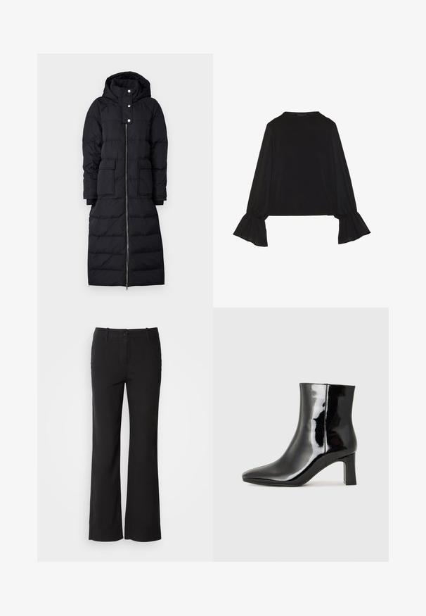 Čierna náplňová bunda s kapucňou, ktorá obsahuje zips po celej dĺžke, cvoky a dve predné vrecká. Texturované panely po celom povrchu.; Čierny top s dlhými rukávmi, flitrovanými manžetami, mäkkou textúrou a voľným strihom, s jednoduchým okrúhlym výstrihom.; Čierne nohavice z bavlneného zmesového materiálu s rovnými nohavicami, predným zapínaním na gombík a dvoma bočnými vreckami. Hladká textúra, žiadne viditeľné vzory.; Čierne lakované členkové topánky s špicatou špičkou a stredne vysokým blokovým podpätkom. Hladká textúra a minimalistický dizajn.