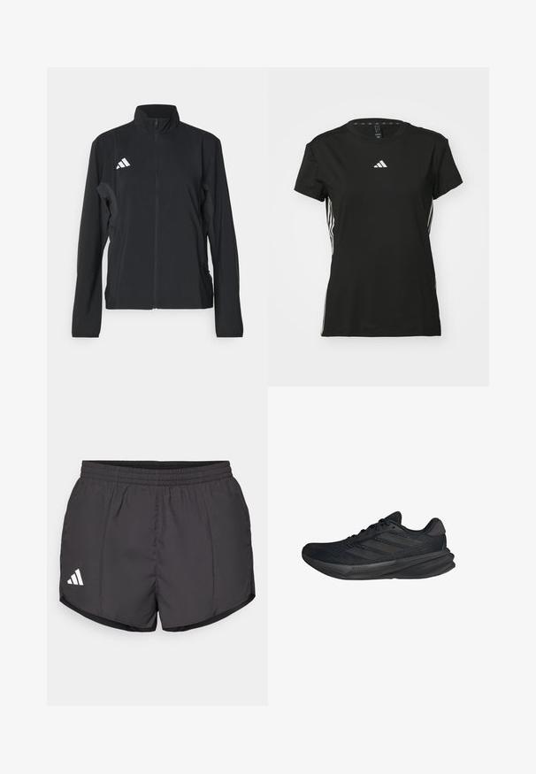Musta urheilujakku, jossa on pitkät hihat, pystykolehda, koko edestä vetoketju ja valkoinen Adidas-logo vasemmassa rinnassa. Sujuva, kevyt kangas.; Mustat urheilu t-paita lyhyillä hihoilla, valmistettu synteettisestä materiaalista. Sisältää pienen valkoisen logon rinnassa ja valkoiset raidat sivuilla.; Mustat urheilushortsit kevyestä kankaasta, joissa on joustava vyötärö ja valkoinen Adidas-logo vasemmassa alakulmassa.; Mustat urheilukengät, joissa on verkkopinta, virtaviivainen muoto, litteä pohja ja kolme vinoa raitaa sivussa. Kevyt muotoilu mukavuutta varten.