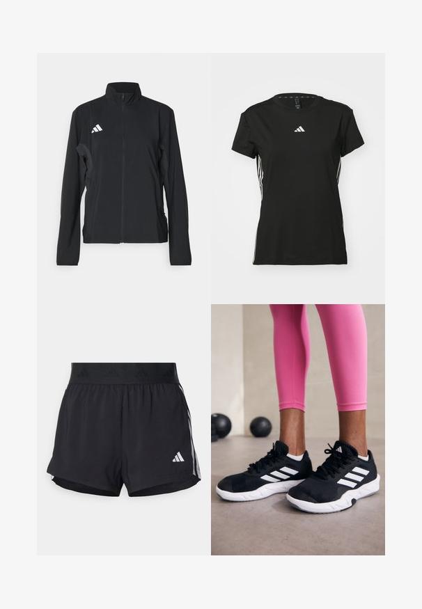 Black athletic jacket with long sleeves, a stand collar, full front zipper, and white Adidas logo on the left chest. Smooth, lightweight fabric.; Black athletic t-shirt with short sleeves, made of synthetic material. Features a small white logo on the chest and white stripes on the sides.; Black athletic shorts with an elastic waistband, featuring a textured band, side stripes, and a white Adidas logo on the lower hem.; Black athletic shoes with white stripes, textured mesh upper, and a white sole. Worn with pink leggings, showcasing training apparel.