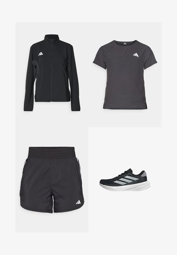 Sort atletisk jakke med lange ærmer, ståkrave, fuld frontlynlås og hvid Adidas-logo på venstre bryst. Glat, let stof.; Kortærmet atletisk t-shirt, mørkegrå med perforeret tekstur. Har et hvidt logo og kontrastfarvede sidelister. Rundet halsudskæring.; Sorte atletiske shorts med elastisk talje, sidelommer og hvid stribeaccent på siderne. Fremstillet af letvægtsmateriale.; Sort løbesko med mesh-overdel, tre sølvstriber, hvid mellemsål og struktureret ydersål. Har polstret krave og snørelukning.