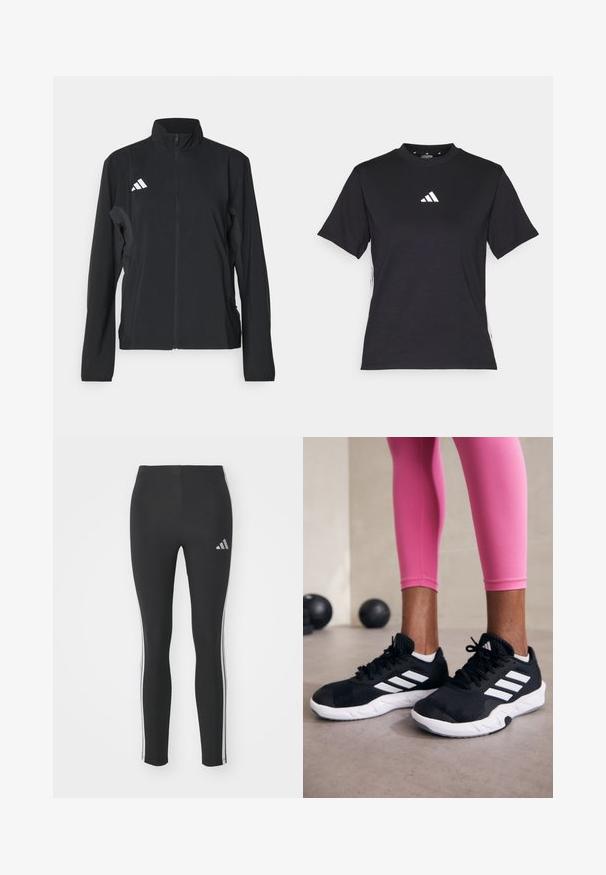 Zwarte sportjacket met lange mouwen, een opstaande kraag, volledige ritssluiting aan de voorkant en het witte Adidas-logo op de linkerborst. Soepele, lichte stof.; Zwarte T-shirt met korte mouwen van zacht materiaal. Heeft een wit Adidas-logo en contrasterende witte strepen langs de zijkanten.; Zwarte legging gemaakt van rekbaar materiaal met witte zijstrepen en een klein reflecterend logo op de bovenste linkerzijde.; Zwarte sportschoenen met witte strepen, structuur-mesh bovenwerk en een witte zool. Draagt bij roze leggings, die trainin gskleding laten zien.