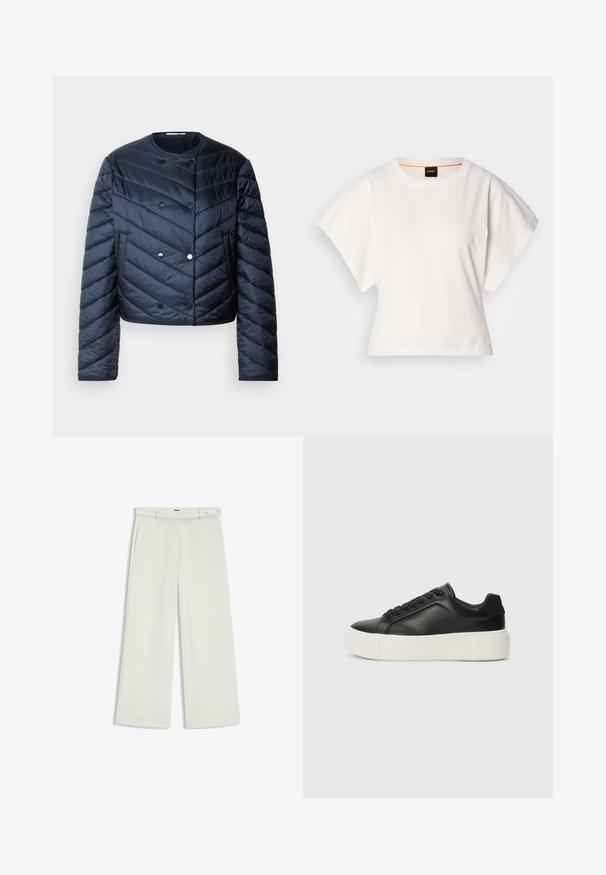 Marinblått puffjacka med en cropped design, chevron-quilting, dubbelknapprad och sidofickor. Slät, glansig textur.; Vit kortärmad T-shirt, korta vida ärmar, mjukt bomullsmaterial, rund halsringning med subtila orange detaljer, minimal design, inga mönster eller grafik.; Vita byxor i ljus krämig tyg, med sidofickor, platt fram och en enda knappstängning vid midjan. Slät struktur.; Schwar zeichnet sköna sneakers med rundad tå, vit plattformssula och svarta snören. Har en diskret logotyp på hälen och en mjuk struktur.