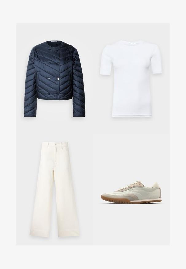 Mørkeblå pufferjakke med cropped design, chevron quilting, dobbeltbrettede knapper og sidelommer. Glatt, blank tekstur.; Hvit kortermet t-skjorte laget av bomull. Har en rund halslinning og en glatt tekstur, med minimal søm synlig i sømmen.; Vide bukser i lys beige bomull. Har høy midje, frontlommer og rett passform. Renslig søm uten mønstre.; Hvite og beige sneakers med en glatt overdel med semsket skinn-detaljer, en teksturert såle og tonede sømmer. Snøring med logo-detalj.