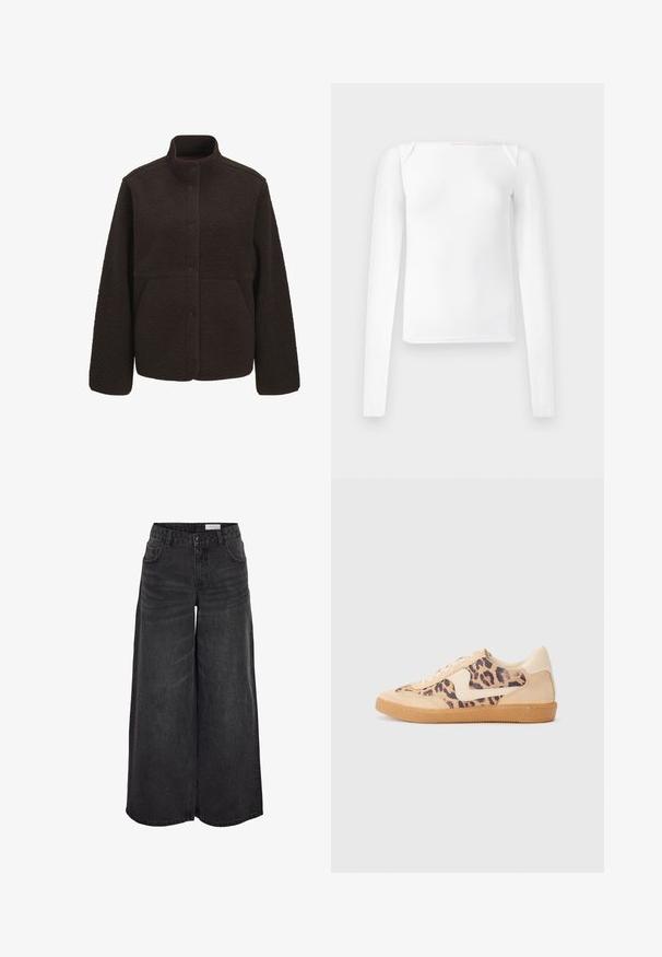 Brown fleece jacket with a high collar, featuring a snap button closure and two side pockets. Textured, soft material with stitch detailing.; White long-sleeve top with a square neckline, made of smooth fabric, featuring a fitted design and seamless shoulder accents.; Wide-leg black denim pants with a high waist, front pockets, and subtle texture; designed for a relaxed fit.; Leopard print sneakers with beige suede upper, tan rubber sole, and white accents. Round toe and lace-up design with a textured finish.