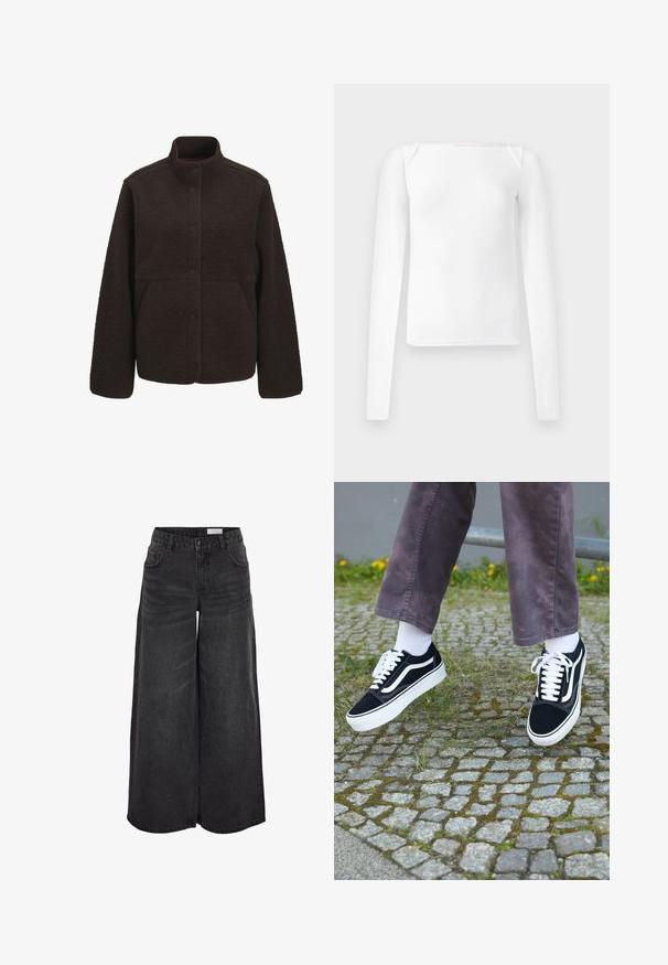 Brūna flīsa jaka ar augstu apkakli, ar pogu aizdari un divām sānu kabatām. Teksturēts, mīksts materiāls ar šuvju detaļām.; Balts garām piedurknēm augšdaļa ar kvadrātu izgriezumu, izgatavota no gludas auduma, ar pieguļošu piegriezumu un bezšuvju plecu akcentiem.; Platas kājas melnas denima bikses ar augstu jostasvietu, priekšējām kabatām un izsmalcinātu tekstūru; paredzētas brīvai piegriezei.; Melni zamšādas sporta apavi ar baltiem akcentiem, ar apaļu purngalu, biezu baltu zoli un klasisku šņorēšanas dizainu, uzvilkti ar baltām zeķēm un violetām biksēm.