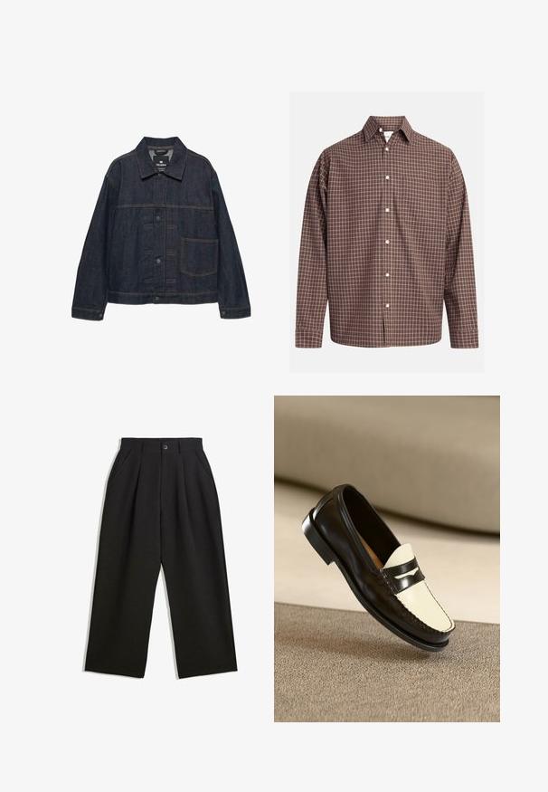 Ciemnoniebieska kurtka dżinsowa z długimi rękawami, zapięcie na guziki z przodu, kołnierz oraz jedna duża kieszeń po lewej stronie.; Brązowa koszula w kratę z długim rękawem, z kieszenią na piersi i białymi guzikami na teksturowanej tkaninie.; Czarne spodnie o luźnym kroju, z zakładkami z przodu, kieszeniami po bokach i zapięciem na guzik. Wykonane z fakturowanej tkaniny.; Czarny skórzany loafer z kremowym wierzchem i czarnymi paskami akcentującymi, z niskim obcasem i szczegółowym przeszyciem wzdłuż krawędzi.