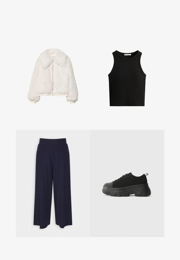 Valkoinen tekojääkarhatakki leveällä kauluksella, vetoketjullinen sulkeminen ja ribbireunat. Pehmeä tekstuuri ja lyhyt siluetti.; Musta ribbed-hihaton paita, jossa on pyöreä kaula-aukko ja leveät kädentehtävät. Materiaali näyttää pehmeältä ja malli on tiukka.; Leve-leggings leve em tecido azul marinho escuro com textura ribbed. Apresenta uma cintura suave e uma silhueta fluida, alcançando o comprimento até a metade da panturrilha.; Mustat urheilukengät, joissa on paksu kumipohja, teksturoitu kangasvarsi, pyöreä kärki ja nauhalukitus. Varusteena vahvistetut nauhareiät ja takana vetotanko.