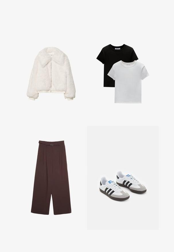 Biela umelá kožušina bomber bunda so širokým golierom, zipsovým zapínaním a ribbed manžetami. Mäkká textúra s kratším strihom.; Dvoje tričiek s okrúhlym výstrihom, jedna čierna a jedna biela, vyrobené z bavlny. Majú krátke rukávy a jednoduchý dizajn bez vzorov alebo akcentov.; Stradivarius WIDE-LEG WITH BUCKLE DETAIL - Nohavice - dark brown; Športové topánky s bielym koženým zvrškom, šedou semišovou špičkou a tromi čiernymi pruhmi. Obsahujú modré logo na jazyku a štruktúrovanú gumovú podrážku.
