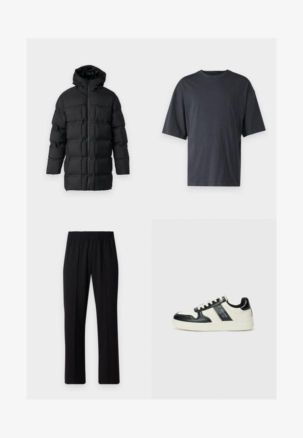 Svart puffjacka med huva, dragkedjestängning, kviltad design med rektangulära paneler och en slät yta.; Mörkgrå t-shirt med kort ärm i lättviktsbomull, med en lös passform och klassisk rundhalsringning, med slät textur och utan mönster.; Svart, elastisk midja byxor med raka ben, med en mjuk yta och utan synliga mönster eller metalldetaljer.; Läder sneakers med en svart och krämfärgad färgsättning, med perforerade detaljer, en vadderad krage och en strukturerad yttersula.
