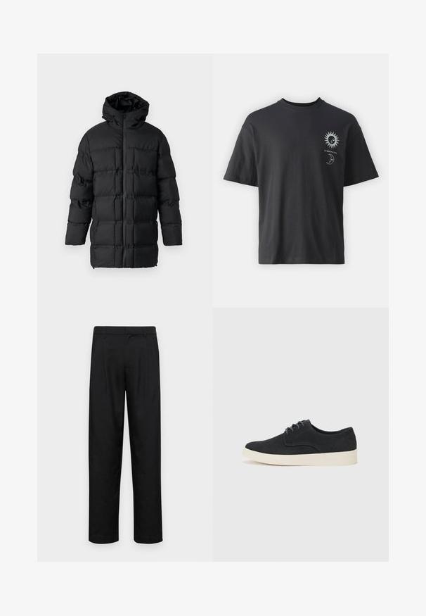 Fekete puff jacket, kapucnival, cipzáros záródással, steppelt mintázattal, négyzet alakú panelekből és sima felülettel.; Fekete pamut póló rövid ujjakkal, kerek nyakkal, elől nap és hold grafikával, mellette a "Le Soleil et La Lune" szöveggel.; Fekete nadrág sima anyagból, egyenes szárú fazonnal, két elülső redővel és közönséges derékkal, övhurkokkal.; Fekete velúr fűzős cipő lekerekített orral, könnyű krém színű talppal és finom kék varrásokkal a felsőrészen.