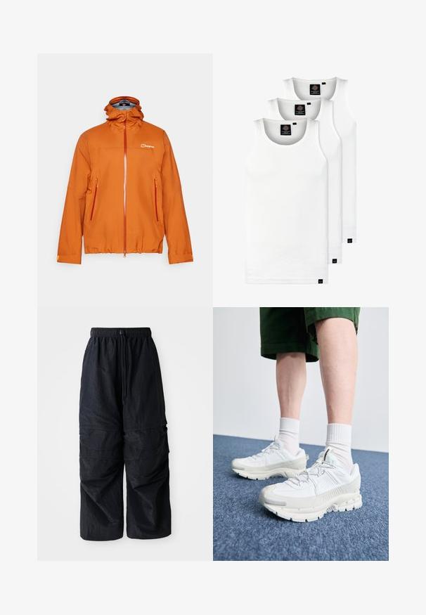 Casaco impermeável laranja com gola alta, capuz ajustável, fecho frontal e dois bolsos laterais com fecho. Feito de material suave e leve.; Três tops em algodão de alças brancas com nervuras. Apresentam um decote redondo e pequenas etiquetas pretas perto da bainha. Disponíveis em vários tamanhos.; Calças de cargo leves em nylon preto, com cintura elástica, cordão ajustável e múltiplos bolsos em camadas nas pernas.; Sapatos atléticos brancos com sobreposições texturizadas, sola espessa e detalhes em cinza. Usados com meias brancas até ao tornozelo e calções verdes sobre uma superfície azul.