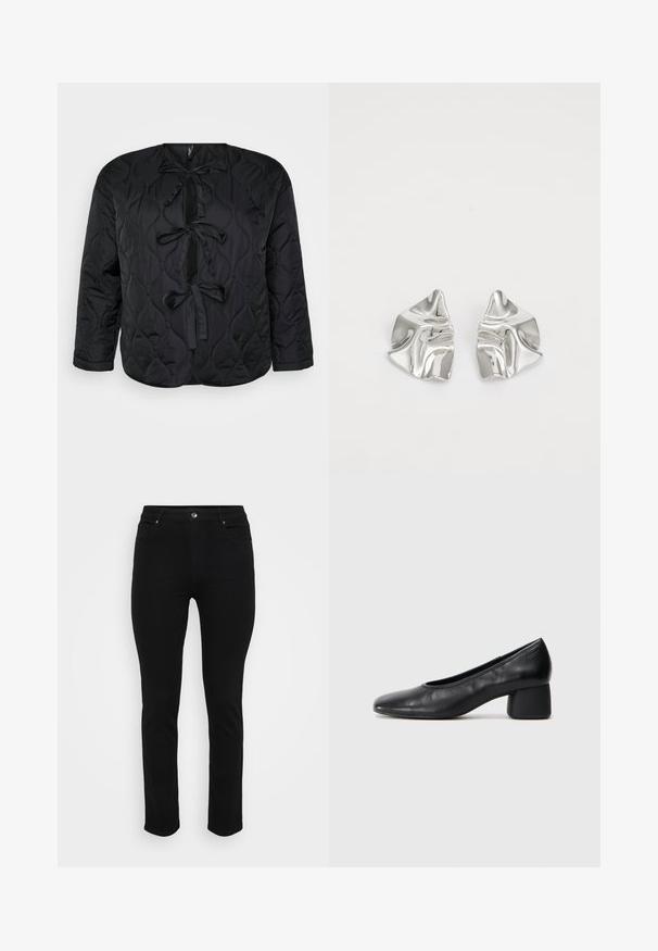 Svart quiltet jakke med rund hals, lange ermer og tre dekorative sløyfer foran. Glatt, lett stoff med en myk tekstur.; Strikkegenser med en kremfarget base og brune og tan dyremønstre. Rund halsutringning, lange ermer, myk tekstur og løs passform.; Sorte denim jeans med slim fit, fem-lomme design, front knappelukking og lett stretch for komfort. Flat, jevn tekstur med minimal detaljer.; Sorte lærpumps med rund tå og mellomstor blokkhæl. Glatt tekstur med minimalt med detaljer, og har en subtil elastisk åpning.; Sølvmetall øredobber med et bølgete, skulpturelt design, preget av en polert finish og uregelmessige former, som fremhever en moderne estetikk.