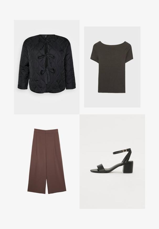 Schwarze gesteppte Jacke mit rundem Halsausschnitt, langen Ärmeln und drei dekorativen Schleifen auf der Vorderseite. Glattes, leichtes Material mit weicher Textur.; Dunkelgraues Kurzarmoberteil mit Bootsausschnitt. Hergestellt aus geripptem Stoff, mit lockerer Passform und sauberem Saum. Einfaches Design, ohne Muster.; Braune Weite-Leg-Hosen mit einer glatten Textur, hoher Taille und Vorderfalten. Der Stoff ist leicht und fällt locker.; Schwarze High Heels Sandalen mit einem glatten Lederoberteil, offener Zehenpartie, breiten Vorderstraps und verstellbarem Knöchelriemen mit einem goldenen Schnallen-Detail.