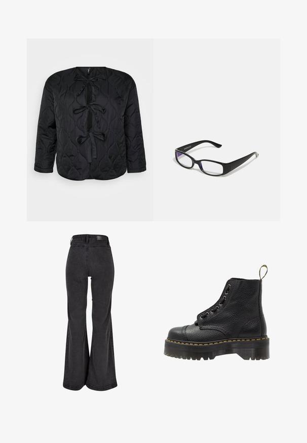 Zwarte gewatteerde jas met een ronde halslijn, lange mouwen en drie decoratieve strikken aan de voorkant. Gladde, lichtgewicht stof met een zachte textuur.; Drie lange mouw tops in zwart, grijs en wit, met V-hals en een cropped ontwerp. Gemaakt van zachte, lichte stof.; Zwarte flared jeans met een gladde textuur, hoge taille en een merkpatch op de achterkant. Kenmerkt zich door een wijde broekspijp en versterkte stiksels.; Zwarte leren enkelboot met een gestructureerd oppervlak, ronde neus, vetersluiting, gele stiksels en een dikke, geribbelde zwarte plateauzool.; Zwarte rechthoekige bril met heldere glazen. Glanzende afwerking, smalle veren en paarse tint zichtbaar aan de randen van de glazen.; Zilveren ringoorbellen met een minimalistisch ontwerp, voorzien van een gladde, ronde vorm en een gepolijste afwerking, bevestigd met een stekker sluiting.
