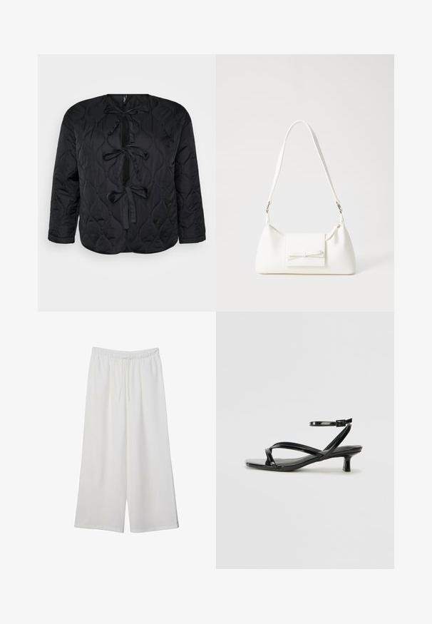 Schwarze gesteppte Jacke mit rundem Halsausschnitt, langen Ärmeln und drei dekorativen Schleifen auf der Vorderseite. Glattes, leichtes Material mit weicher Textur.; Weißes T-Shirt aus Rippstoff, mit weitem Rundhalsausschnitt und kurzen Ärmeln. Einfaches Design ohne Muster oder Akzente.; Weiße, weit geschnittene Hosen aus leichtem Stoff, mit einem elastischen Bund und einem Zugband für eine verstellbare Passform. Glatte Textur.; Schwarze Lackleder-Sandale mit niedrigem Absatz, ausgestattet mit überkreuzten Riemen und einem verstellbaren Knöchelriemen. Glatte, glänzende Oberfläche.; Weiße synthetische Handtasche in dreieckiger Form, flache Vorderklappe und Schleifendetail, verstellbarer Trageriemen, glatte Textur und minimalistisches Design.