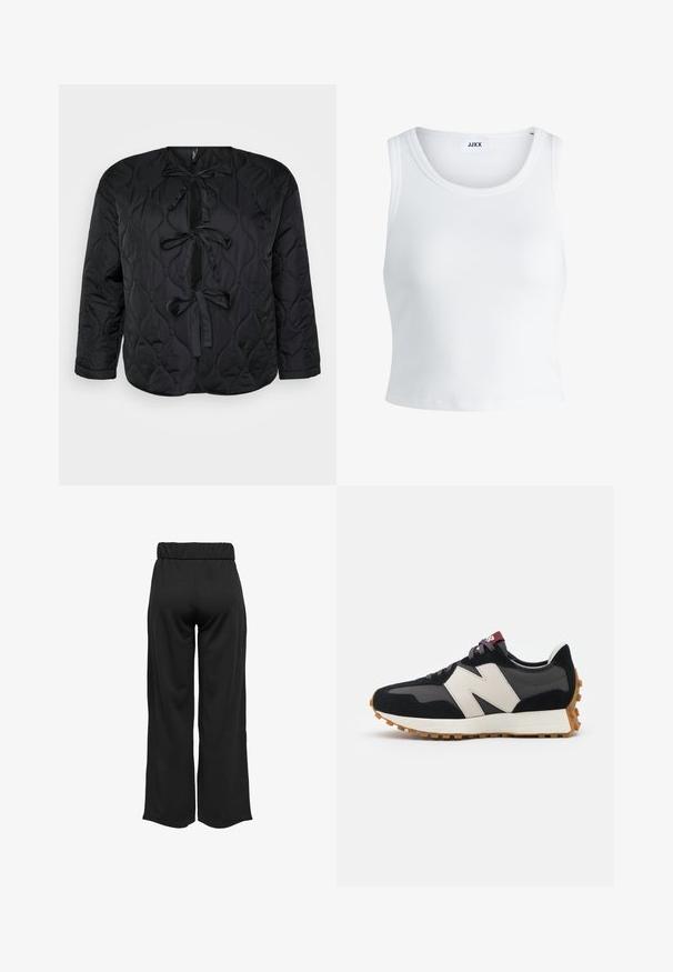 Črna prešita jakna s okroglo izrezom, dolgimi rokavi in tremi dekorativnimi pentljami spredaj. Gladek, lahek material s mehko teksturo.; Bela rebrasta majica brez rokavov z okroglim izrezom in krajšo dolžino. Oznaka navaja "JJXX." Gladka tekstura tkanine.; Črne hlače širokega kroja z elastičnim pasom, izdelane iz gladkega materiala. Imajo preprost dizajn brez žepov ali vidnih šivov.; Črne in sive semiš športne copate z velikim kremnim logotipom "N", vijoličastimi vezalkami in teksturiranim gumijastim podplatom.