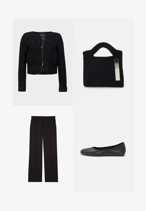 Juodas trumpas švarkas su tekstūruotu, blizgančiu paviršiumi, apvaliu iškirpimu, užtrauktuku ir dviem priekinėmis kišenėmis.; Juodas be rankovių viršus su drapiruota medžiaga, šoniniu rinkimu ir pailgu frango detaliu, pasižymintis lygia tekstūra ir prigludusia siluetu.; Juodos pritaikytos kelnės, pagamintos iš lygaus audinio, su tiesiomis kojomis ir dviem šoniniais kišenėmis. Elegantiška ir minimalistinė konstrukcija.; Juodai odiniai baletai su apvaliu pirštu, lygi texture, minimalus siuvimo detales ir lanksčiu padų dizainu.; Won Hundred MARSIELLE COMPUTER BAG UNISEX - Nešiojamojo kompiuterio krepšys - black