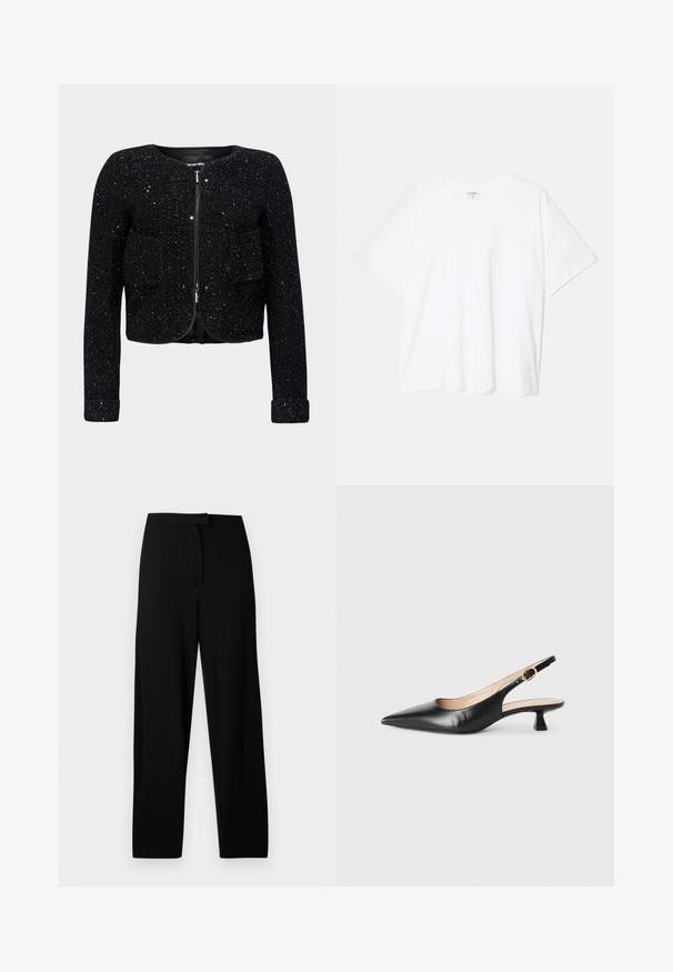 Must musta, tekstuuri ja glitteriga pinnaga, lühikeste varrukatega kootud jakk, ümmargune kaelus, tõmbluku sulgemine ja kaks eesmist taskut.; Valge puuvillane T-särk lühikeste varrukatega, ümmargune kaelus, mugav lõige ja õmmeldud serv. Silt nähtav kaela seest.; Mustad laiad püksid, mis on valmistatud pehmest ja venivast kangast. Omab siledat vöökohta ning nähtavaid õmblusi või taskuid ei ole. Lihtne ja mitmekülgne disain.; Must musta slingback kitten heel king must ja kuldne pandla külgrihmaga, valge tausta peal.