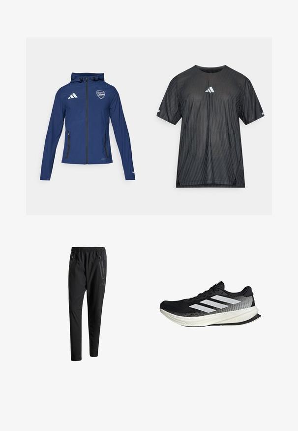 Námořnická voděodolná bunda s předním zipem, kapucí, logem Adidas, znakem Arsenalu a černými kapsami na zip. Lehká tkanina, hladká textura.; Černé sportovní tričko s krátkými rukávy, které má texturovaný diagonální proužkovaný vzor a bílé logo Adidas na hrudi a rukávech.; Černé sportovní kalhoty s elastickým pasem, dvěma zipovými bočními kapsami, zúženými nohavicemi a decentním logem na boku.; Černá sportovní boty s síťovaným designem, s bílými pruhy, zaoblenou špičkou a texturovanou podrážkou pro lepší přilnavost a oporu.