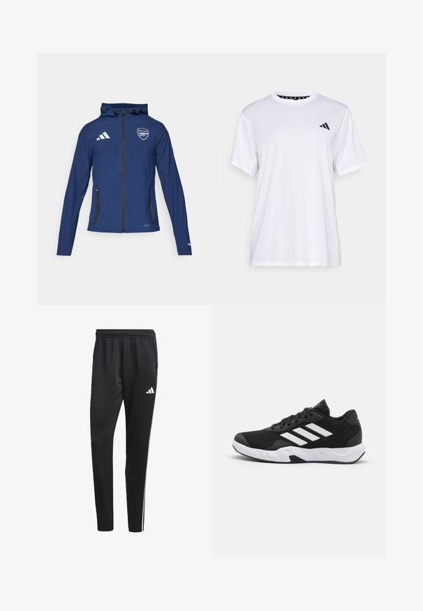 Mornarska nepremočljiva jakna s sprednjim zadrgo, kapuco, Adidasovim logotipom, grbom Arsenala in črnimi žepi z zadrgo. Lahka tkanina, gladka tekstura.; Bela športna majica s kratkimi rokavi, izdelana iz tkanine, ki odvaja vlago. Ima črn logotip na levem prsnem delu in vzorčasto notranjo vratno odprtino.; Črne atletske hlače z raztegljivim pasom, belimi stranskimi črtami in majhnim belim logotipom na stegnu. Narejene so iz gladkega, lahkega materiala.; Črne atletske čevlje z strukturiranim mrežastim zgornjim delom, belimi poudarnimi črtami, oblazinjenim podplatom in ojačanim petnim delom za podporo.