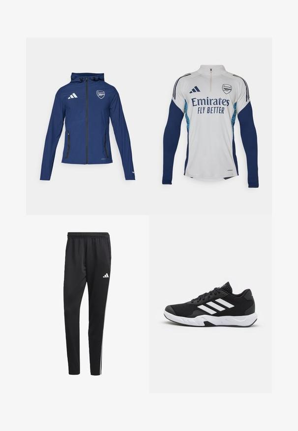 Navy waterproof jacket with a front zipper, hood, Adidas logo, Arsenal crest, and black zippered pockets. Lightweight fabric, smooth texture.; White long-sleeve jersey with navy blue accents, half-zip neckline, featuring "Emirates Fly Better" logo and Arsenal club crest.; Black athletic pants with a stretchy waistband, white side stripes, and a small white logo on the thigh. Made from a smooth, lightweight material.; Black athletic shoes with a textured mesh upper, white accent stripes, a cushioned sole, and a reinforced heel for support.