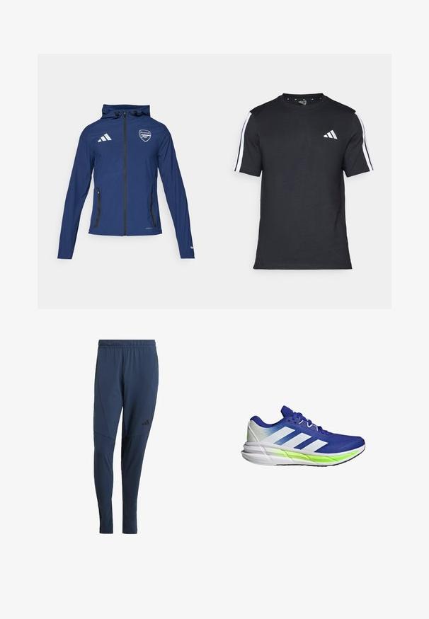 Marineblauwe waterdichte jas met een voorrits, capuchon, Adidas-logo, Arsenal-embleem en zwart ritszakken. Lichtgewicht stof, gladde textuur.; Zwarte T-shirt van katoen met korte mouwen, met witte strepen op de schouders en een wit logo op de linkerkant van de borst.; Marineblauwe sportbroek gemaakt van een soepele, rekbare stof. Voorzien van een elastische tailleband en een zwart logo op het linkerbeen.; Blauwe sportschoen met witte accenten, bovenkant van gaas en een gevoerde zool benadrukt door een neon groene streep. Kenmerkt zich door een gebogen ontwerp.