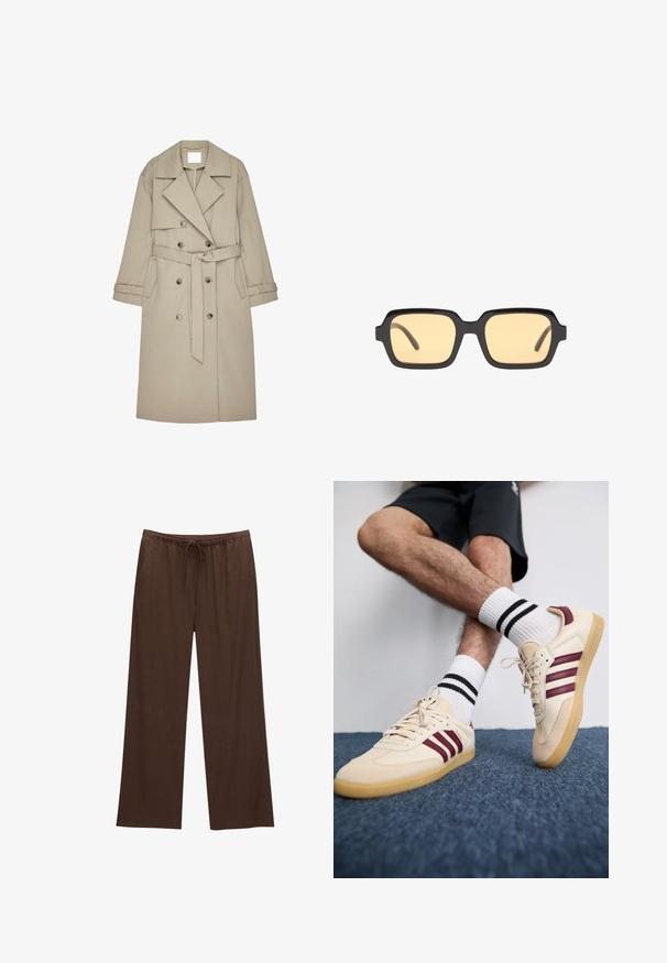 Bežový trenčkot vyrobený z textúrovaného materiálu, s dvojradovým zapínaním, širokými klopami, opaskom a dvoma bočnými vreckami.; Svetlo šedý pletený pulóver s vysokým golierom, spustenými ramenami a rebrovanými manžetami a lemom. Mäkkučká textúra s voľným strihom.; Hnedé nohavice s širokými nohavicami vyrobené z mäkkej tkaniny, so sťahovacím pásom a dvomi bočnými vreckami.; Béžové tenisky s vínovými pruhmi, štruktúrovaný zvršok a gumová podošva, v kombinácii s rebrovými bielymi ponožkami s čiernymi pruhmi.; Čierne obdĺžnikové slnečné okuliare so žltými sklami, ľahký rám a charakteristické tupé okraje na stranách. Hladký, lesklý povrch.; Hnedá tkaná kožená kabelka s voľným, trojuholníkovým tvarom. Má opletenú rúčku a zips na vrchu.