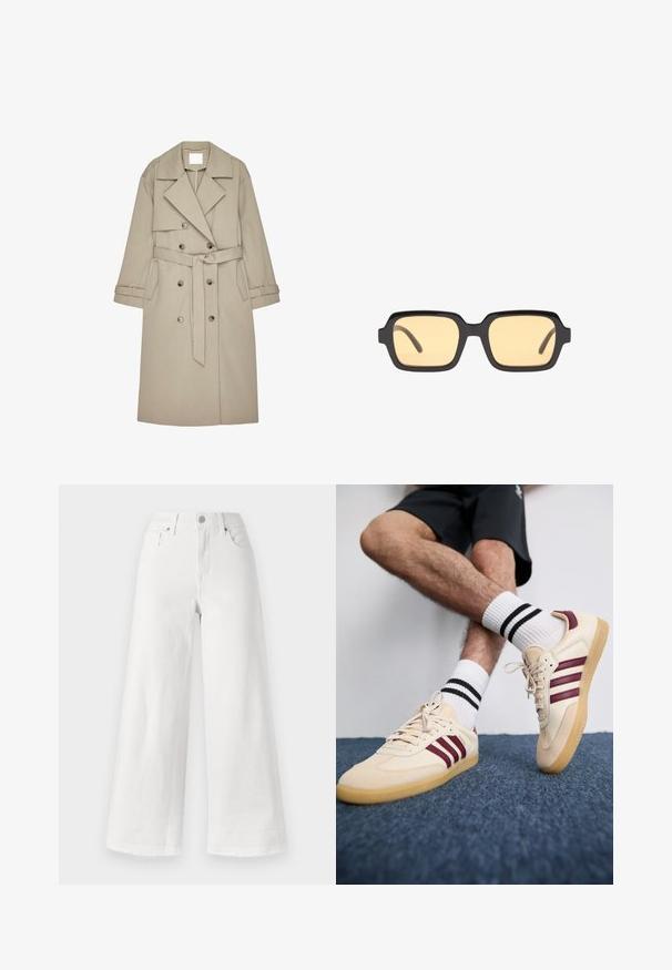 Bež plašč iz teksturirane tkanine, z dvojnim zapenjanjem spredaj, širokimi reverji, pasom in dvema stranskima žepoma.; Ženski pulover z rebrastim pletenjem v temno vijolični barvi, z ohlapnim ovratnikom in dolgimi rokavi. Mehka tekstura, plastni detajl okoli ovratnika.; Bele široke kavbojke iz denima, z visokim pasom, štirimi žepi in surovim robom na dnu za teksturo.; Bež tene z maroon črtami, teksturirano zgornje, in gumijastim podplatom, v kombinaciji z rebrastimi belimi nogavicami z črnimi črtami.; Črne pravokotne sončna očala z rumenimi lečami, lahka okvir in značilne ravne robove na ušesnicah. Gladka, sijoča končana.
