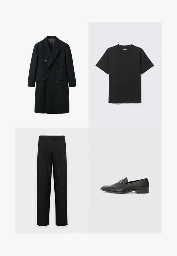 Black double-breasted coat made of wool with a notched collar, side pockets, and two buttons on each side. Smooth texture, knee-length design.; Black short-sleeve T-shirt made of soft cotton, featuring a round neckline and simple design without patterns or accents.; Black trousers made of smooth fabric, featuring a straight-leg design, two front pleats, and standard waistband with belt loops.; Black leather loafer with a smooth finish, featuring a stitched design and a decorative metal chain accent across the vamp. Flat heel.