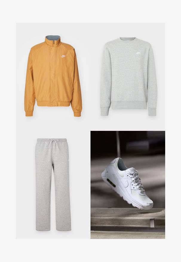 Giacca in nylon arancione con colletto alto, polsini e orlo elasticizzati. Presenta un logo Nike bianco sul lato sinistro del petto e due tasche laterali.; Felpa grigia in morbido tessuto felpato, con polsini e orlo a coste, e un piccolo logo Nike bianco sul petto.; Pantaloni della tuta grigi con vita elastica e coulisse. Realizzati in tessuto morbido, presentano gambe dritte e un dettaglio logo sottile.; Sneaker Nike Air Max 90 bianco con tomaia in mesh e pelle, punta forata e un'unità air visibile nel tallone.