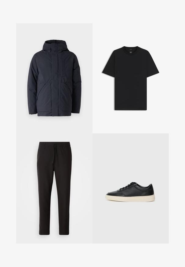 Mørkeblå isoleret jakke med høj krave, skjult frontlynlås og to store forlommer. Glat tekstur med et minimalistisk design.; Sort kortærmet T-shirt lavet af en glat bomuldsblanding, med en rund halsudskæring og et minimalistisk design uden mønstre eller accenter.; Sorte joggebukser lavet af glat stof. Har en elastisk talje med snor, tætsiddende ben og ingen synlige lommer. Enkel design.; Sort lavt top lædersneaker med sorte snørebånd og off-white sål vist i sideprofil på hvid baggrund.