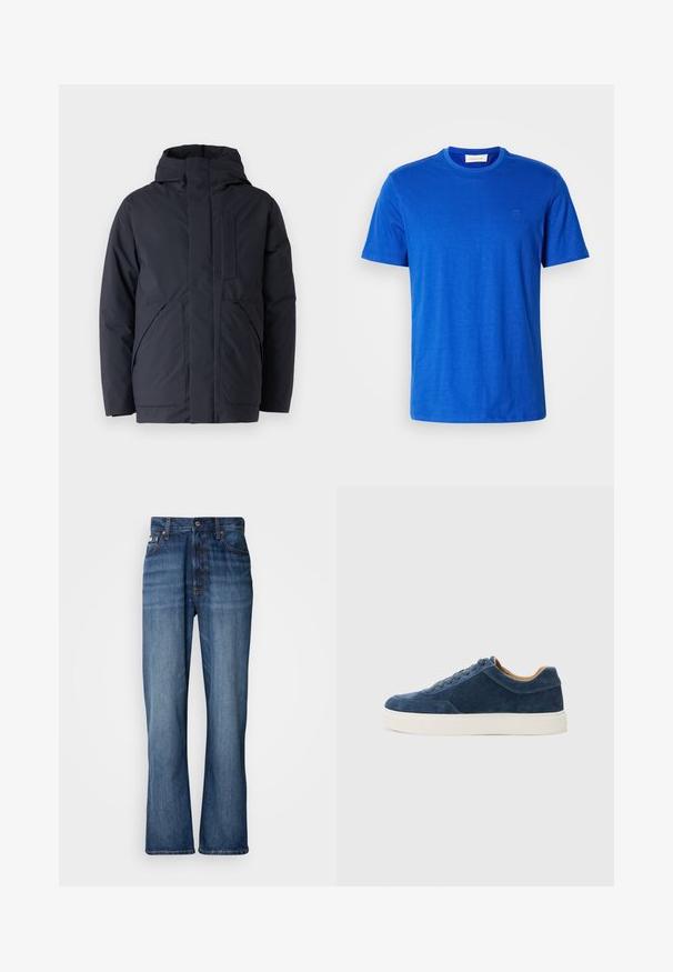 Tengerészkék szigetelt dzseki magas gallérral, rejtett elülső cipzárral és két nagy elülső zsebbel. Simább textura letisztult dizájnnal.; Kék, környakú pamut póló, rövid ujjakkal és szolid logóval a mellkasán, fehér háttér előtt bemutatva.; Kék farmernadrág magas derékkal, trapézos lábakkal, öt zsebes kialakítással és azonos színű varrással. Gombos záródással és szegecselt zsebekkel rendelkezik.; Kék velúr sportcipő fehér gumitalppal, fűzős kivitel, kerek orral, és kontrasztos barna belső résszel. Finom varrási részletek.