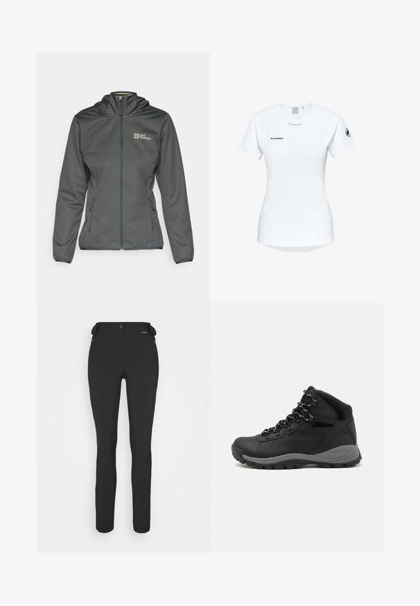 Gray softshell jacket with a hood, zippered front, and side pockets. Features a logo on the upper left and a slight elastic finish at the cuffs.; Short-sleeve white athletic shirt with a round neckline, featuring a logo on the chest and a smooth, lightweight fabric texture.; Black, fitted pants made from a flexible material. Features include a zippered side pocket, articulated knees, and a smooth texture.; Black hiking boot with a mid-top design, featuring a textured upper, gray accents, and durable rubber sole with traction lugs.