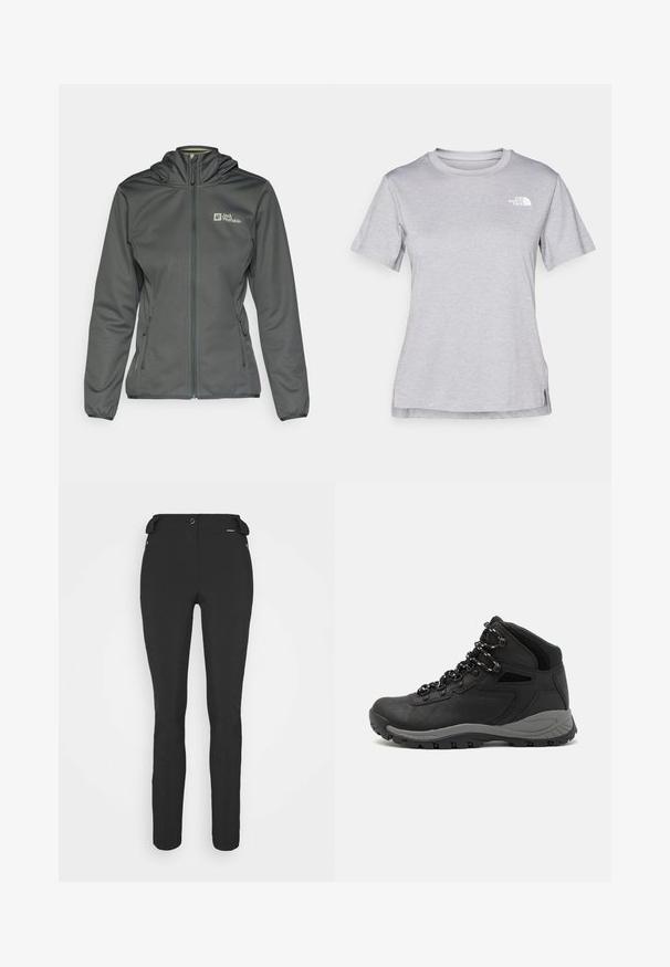 Grijze softshell jas met een capuchon, een rits aan de voorkant en zijzakken. Bevat een logo op de bovenste linkerzijde en een lichte elastische afwerking bij de manchetten.; Grijze T-shirt met korte mouwen, gemaakt van zachte, vochtabsorberende stof. Heeft een ronde hals en een klein wit logo op de bovenste linkerzijde.; Zwarte, strakke broek gemaakt van een flexibel materiaal. Kenmerken zijn onder andere een ritszak aan de zijkant, gebogen knieën en een gladde textuur.; Zwarte wandelschoen met een mid-top ontwerp, voorzien van een gestructureerde bovenkant, grijze accenten en een duurzame rubberen zool met gripnoppen.