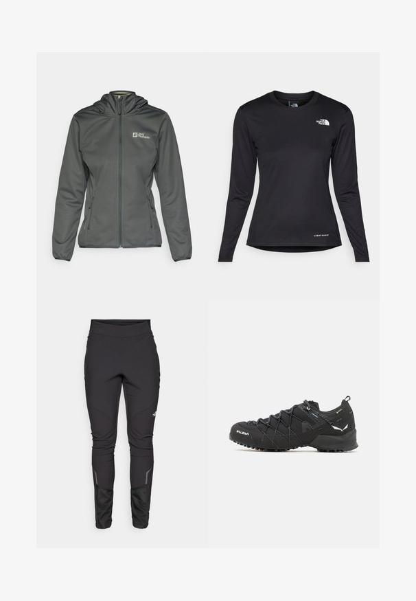 Grijze softshell jas met een capuchon, een rits aan de voorkant en zijzakken. Bevat een logo op de bovenste linkerzijde en een lichte elastische afwerking bij de manchetten.; The North Face SHADOW LONG SLEEVE - Longsleeve - black; Zwarte outdoorbroek met een aansluitend ontwerp, duurzame stof, reflecterende accenten en paneelnaden voor verbeterde mobiliteit en comfort.; Zwarte wandelschoenen met een bovenkant van textuurstof, een vetersysteem en een robuuste rubberen zool. Verfraaid met reflecterende details en logo's.
