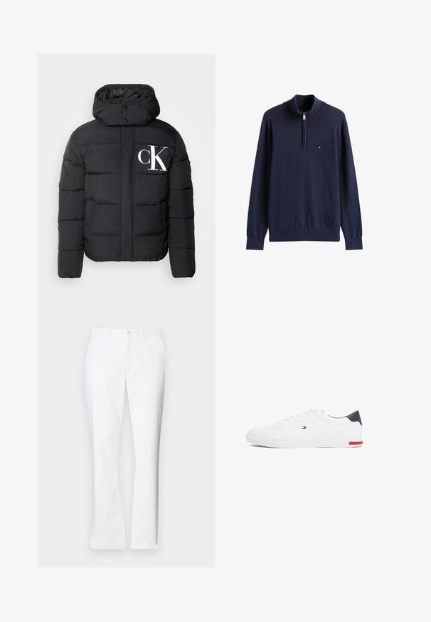 Calvin Klein Jeans ESSENTIALS JACKET - Jachetă de iarnă - black; Pulover cu fermoar de culoare albastru marin, cu guler înalt, manșete și tiv cu nervuri; prezintă un mic logo pe piept; confecționat din material tricotat moale.; Pantaloni albi din bumbac cu un design drept, buzunare frontale, închidere cu un singur buton și o textură netedă.; Adidași albi cu vârf jos, din piele netedă. Prezintă un toc albastru marine și un accent roșu pe talpă. Șase gauri pentru șireturi.