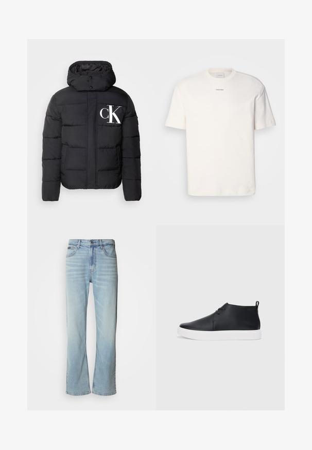 Calvin Klein Jeans ESSENTIALS JACKET - Winter jacket - black; White cotton T-shirt featuring a round neck, short sleeves, and embroidered "Calvin Klein" logo at the chest center. Plain design.; Light blue denim jeans with a straight-leg cut, featuring five pockets, a button closure, and subtle fading on the fabric.; Black leather high-top sneakers with a smooth finish, white rubber sole, and simple lace-up design. Features a pull tab at the back.