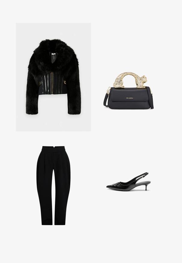 Črna umetna krznena skrajšana jakna z širokim ovratnikom, dolgimi rokavi, sprednjim zadrgo in dekorativnimi vertikalnimi črtami na trupu.; Bela srajca z dolgimi rokavi in gumbi, izdelana iz gladkega bombažnega mešanega materiala. Ima klasičen ovratnik, sprednje zapiranje na gumbe in zaokrožene manšete.; Črne narejene hlače z visokim pasom, ki imajo sprednje gube, gladko teksturo in zožene noge za oprijet silhueto.; Črne usnjene slingback pete z izostrenim nosom, majhno mačje peto in okrasno vozličasto podrobnostjo na sprednjem delu. Gladka tekstura po celotni površini.; Črna usnjena torbica z zlatim ročajem v obliki mačke, z zgornjim poklopcem, nastavljivim trakom in logotipom na spodnjem sprednjem delu.
