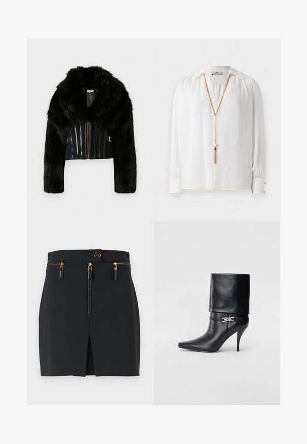 Black faux fur cropped jacket with wide collar, long sleeves, front zipper, and decorative vertical stripes on the torso.; White long-sleeve blouse with gathered shoulders, pointed collar, buttoned cuffs, and a long gold chain necklace with tassel detail.; Black mini skirt with a structured fit, featuring gold hardware, two zippered pockets, and a front slit for added detail.; Black leather ankle boot with a pointed toe, high stiletto heel, fold-over cuff, and a gold decorative buckle detail on the ankle.