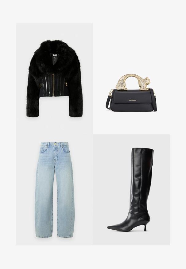 Jachetă croppată din blană artificială neagră, cu guler larg, mâneci lungi, fermoar în față și dungi verticale decorative pe torace.; Rochie neagră cu volane, realizată dintr-un material texturat, având multiple straturi și un guler bufant, creând o siluetă voluminoasă.; Jeans din denim de un albastru deschis, cu pantaloni largi, talie înaltă, ușoară decolorare, cinci buzunare și accesorii în ton de aur. Zăbala este dreaptă și nefinisată.; Botine negre din piele, până la genunchi, cu vârf ascuțit și toc subțire, curbat. Textură netedă, design ajustat și fără elemente de prindere sau modele vizibile.; Geantă de piele neagră cu un mâner în formă de pisică aurie, având clapetă frontală, curea ajustabilă și detaliu cu logo în partea inferioară frontală.